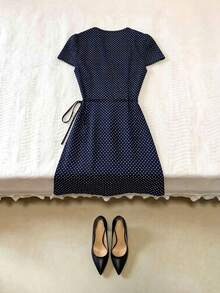 Franclia Fitted Polka Dot Contrast Collar Ruffle Trim Mini One-Piece Dress, Elegant Dress For Women - Blue - View 2