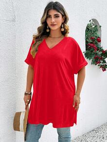 EMERY ROSE 大码女式休闲纯色V领长款T恤 - Fiery Red - 查看 3