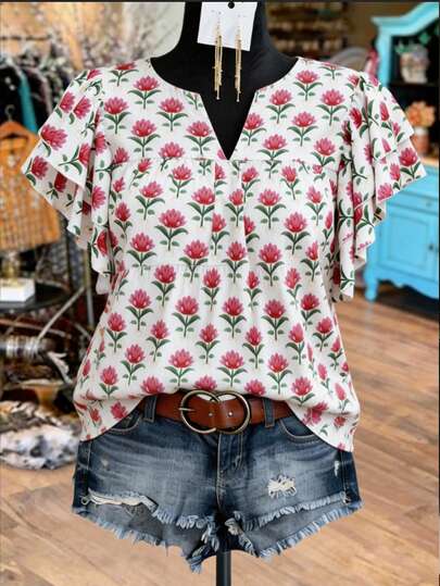 Linhara 大码花卉刺绣短袖衬衫，优雅、舒适、时尚、显瘦、别致、百搭，适合度假穿着