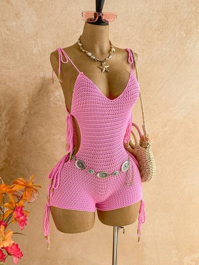 Soleia New V-Neck Side Hollow Tie-Up Pearl Embellished Backless Camisole Romper, Suitable For Beach Vacation, Cruise, And Beach