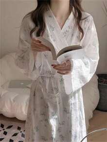 1pc Women's Bathrobe, Long Sleeve Robe,Kimono Robe, Sleepwear, Minimalist European Style Long Sleeve, Lightweight Solid Color Loungewear,Lightweight Bathrobe/Loungewear For Spring/Autumn, Petite To Plus Size - Multicolor - View 13