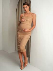 MaterniChic Elegant Maternity Champagne Summer Pregnant Women's Shiny Pleated Fitted Dress Luxury Party Photoshoot Formal Wedding Baby Shower - Khaki - View 9