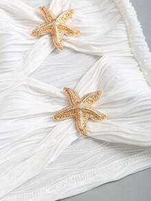 Sweetra 法式优雅时尚纯白慵懒风低腰高开衩金属扣饰夏季时尚派对沙滩度假紧身性感半身裙 - 白色 - 查看 3