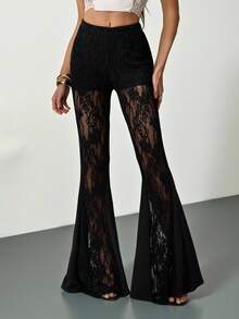 SHEIN Tall Quần ống loe ren nữ, kiểu dáng thường ngày đa năng, quần legging ống loe nữ. - màu đen - Xem 5