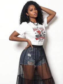 BamGleam 透视网纱层叠半身裙，多层黑色薄纱拼接透视罩衫半身裙，性感夜店派对街头风高腰长裙 - 黑色 - 查看 3