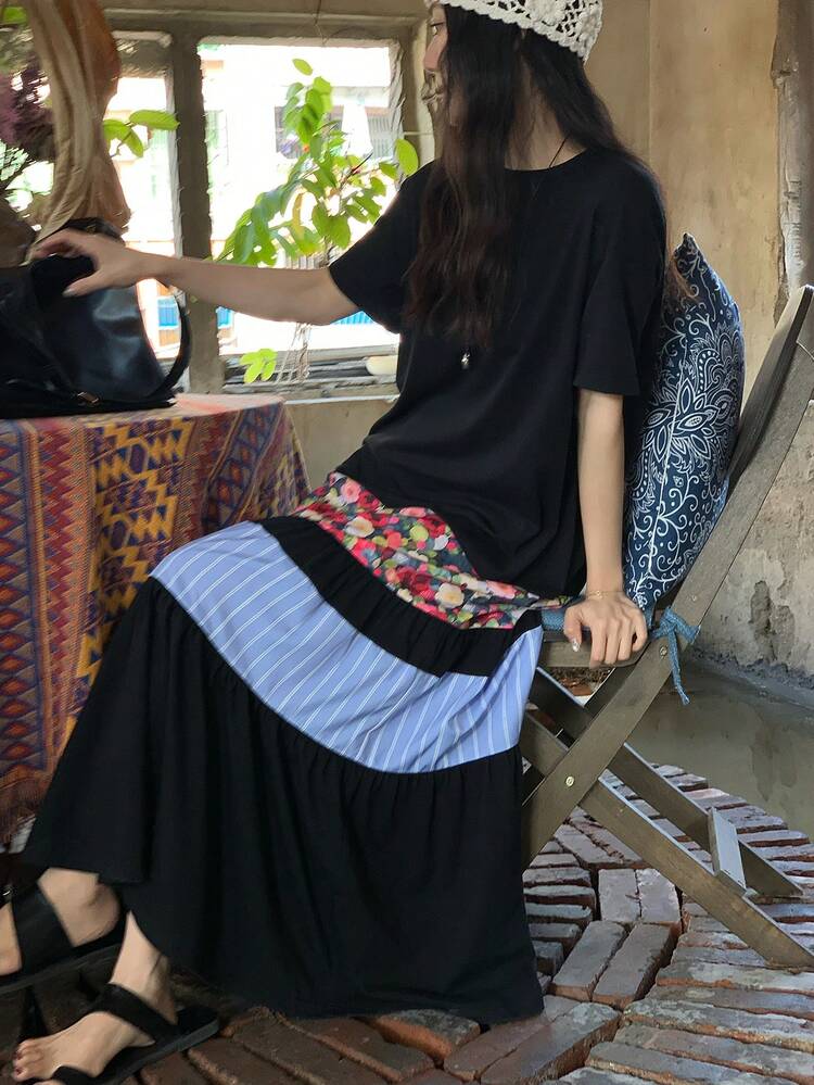 Women's Summer Round Neck Short Sleeve Contrast Color Print Casual Long Dress Sundress