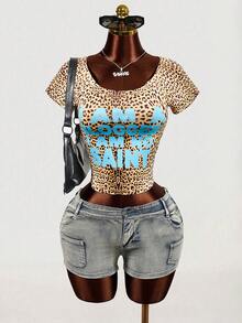 Mistrie Women's Leopard Print Letter Graphic Casual Versatile Daily Wear Short Sleeve T-Shirt - Multicolor - View 5