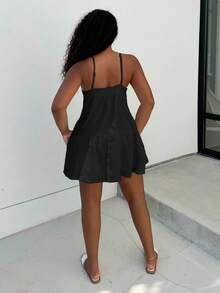Alexandranx Robe mini à fines bretelles de couleur unie décontractée pour femme, été - Noir - Voir 2