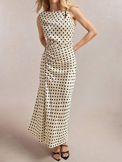 BizChic Spring/Summer New Apricot Base Black Polka Dot Print Asymmetrical Cut Asymmetric Shoulder Metallic Decor Waist Ruched Women Dress, Versatile For Multiple Occasions