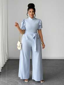 Maweii Plus Size Elegant High Neck High Waist Wide Leg Jumpsuit - Blue - View 1