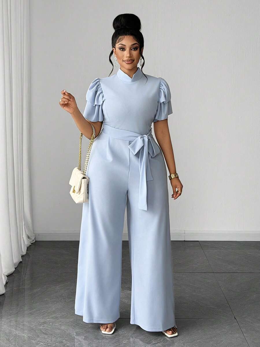 Maweii Plus Size Elegant High Neck High Waist Wide Leg Jumpsuit - Blue - View 1