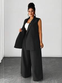 Maweii Bộ vest thanh lịch cỡ lớn, áo blazer và quần ống rộng, phù hợp cho công sở và đi làm, mùa thu/đông. - màu đen - Xem 6