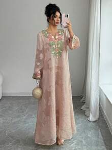Yasmyna Đầm dài tay dáng rộng, thanh lịch, lãng mạn kiểu Thổ Nhĩ Kỳ - Ả Rập dành cho nữ, chất liệu chiffon jacquard. - Màu Hồng baby - Xem 1