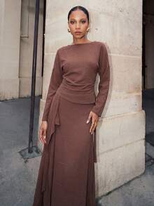 Zivah 2025秋冬新款音乐节、复活节、圣帕特里克节、西部、游牧风、生日派对、毕业典礼宽松圆领长袖衬衫和裹身裙舒适2件套 - 棕色 - 查看 3