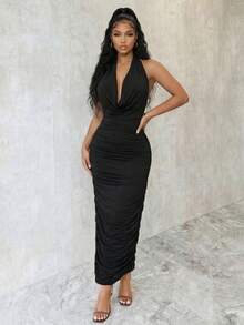 Eryvara Fitted Sexy Halter Draped Backless Solid Color Dress, Elegant And Fashionable - Black - View 5