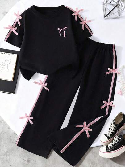 SHEIN 少女圆领蝴蝶结装饰短袖T恤搭配阔腿裤，休闲日常穿搭