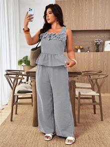 SHEIN LUNE Fashionable Casual Spring/Summer Retro Elegant Commuting Black & White Plaid Hollow Flower 2 Pieces Set - Black and White - View 7