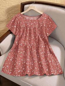 Rusticease Plus Size Floral Print Round Neck Casual Short Sleeve Shirt, Summer - Watermelon Pink - View 4