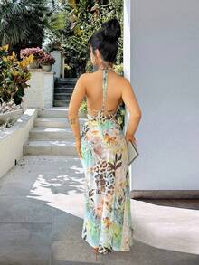 Vassilux Slit Fitted & Elegant Floral Leopard Print Vacation Dress With Beading, Suitable For Beach Vacation, Vacation Maxi Dress, Beach Dress, Backless Dress, Spring/Summer Party - Mint Green - View 2