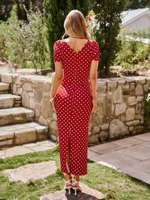 KARISMINA V-Neck Short Sleeve Polka Dot Print Knit Dress For Women, Suitable For Spring/Summer Vacation,Summer Dresses For Women - Red and White - View 3
