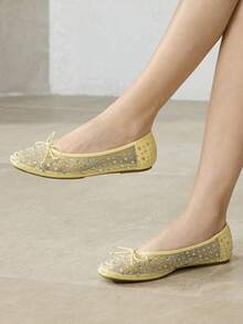 MOTF PREMIUM 女士新款欧美时尚网面水钻蝴蝶结小圆头平底鞋，百搭舒适轻便，简约芭蕾舞鞋，优雅仙女风，春季舞蹈鞋 - 黃色 - 查看 4