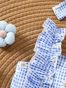 SHEIN Newborn Baby Girls' Summer Dress In Dusty Blue,Cute Floral Gingham Plaid Knit Outfit,Ruffle Hem Sleeveless Waisted Dress Headband Set Vacation Cute - Multicolor - View 10