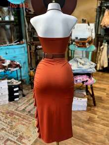 NostaNoir 女士时尚纯色无袖抽绳开衩中长抹胸连衣裙 - 橘色 - 查看 2