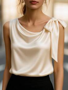 Ellegaria. Áo sơ mi satin mùa hè cho nữ, áo sơ mi nữ thường ngày, áo sơ mi thắt nơ mới, áo sơ mi cổ bèo mới, áo sơ mi thanh lịch cho nữ, áo sơ mi nữ thường ngày năng động, áo sơ mi không tay thắt nơ màu mơ mùa xuân/hè mới - Màu be - Xem 1