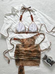 Swim SXY Bộ đồ bơi mùa hè dành cho nữ gồm 3 món: Áo bikini tam giác in họa tiết tie-dye, quần bikini và chân váy mini lưới, trang phục bơi gợi cảm đi biển. - Nhiều màu - Xem 2