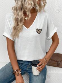 Selamara New Fashion Casual Women T-Shirt With Heart And Leopard Print Elements, V-Neck - White - View 3