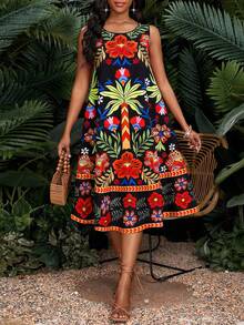 SHEIN Lady Đầm midi không tay cổ tròn in hình cây cọ dành cho nữ, kiểu dáng thường ngày. - Nhiều màu - Xem 1