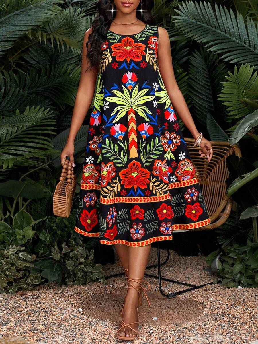 SHEIN Lady Đầm midi không tay cổ tròn in hình cây cọ dành cho nữ, kiểu dáng thường ngày. - Nhiều màu - Xem 1