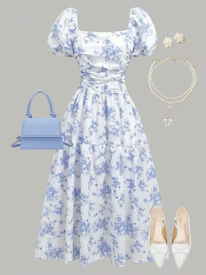 SHEIN Teen Girls Blue Ditsy Floral Irregular Waist Split Midi Dress, Suitable For Back To School, Dates, Parties, Weddings, Bridesmaids, Prom, Elegant Patchwork, Fit For Party, Wedding, Garden Events, Commute, Shopping, Weddings, Birthdays, Dance And Bridesmaid Occasions