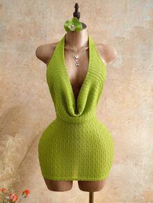 Mistrie Đầm mini ôm sát gợi cảm, lãng mạn màu xanh bơ, chất liệu vải dệt họa tiết, cổ khoét sâu, lưng hở, dây buộc, thích hợp cho mùa hè/thường ngày/đi biển/dã ngoại/kỳ nghỉ/hẹn hò/tiệc tùng/dự đám cưới/tiệc trà chiều và mặc hàng ngày. - Màu xanh Ô liu - Xem 4