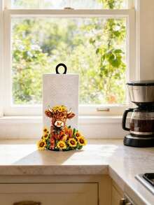 Suporte de Papel Toalha Estilo Fazenda com Vaca das Terras Altas Fofa e Girassol, Decoração de Cozinha Estilo Fazenda com Padrão Adorável de Vaca e Girassol, Suporte de Papel Toalha para Bancada, Armazenamento de Cozinha Doméstica e Decoração de Feriados, Presente Perfeito para a Família - Multicolorido - Visão 5