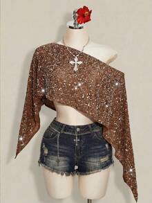 SHEIN ICON Women's Sequin Shoulder Cut Short Casual Versatile Daily Wear Top,Summer Top - Brown - View 9