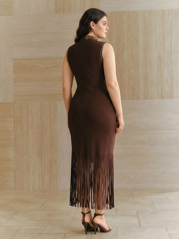 Plus Size Women's Elegant Dress, Vacation Wear Dress, Summer Minimalist Commuter Dress, Sleeveless High Neck With Embellished Brown Long Tassel Dress