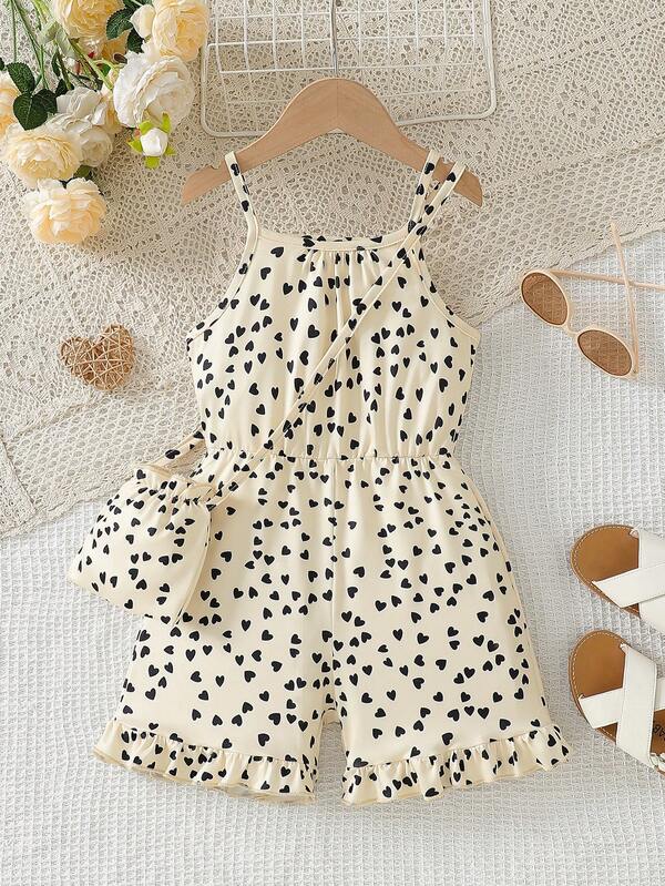 SHEIN Elladie kids Young Girl New Heart Print Elastic Waist Romper Beach Outfit For Kids Kids Summer Outfits For Girls Toddler Girl Summer Clothes Heart Print Romper Romper With Bag Romper For Kids