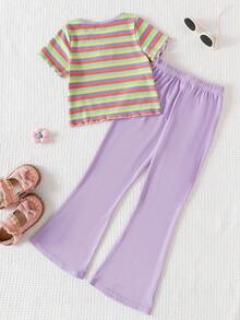 Genkimix Kids Young Girl' Cute Vacation Colorful Striped Purple Embroidered Rib Flare Pants Set - Baby Blue - View 2