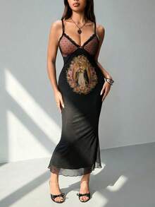 ROMWE PETITE Women's Maxi Dress With Virgin Mary Print And Mesh Overlay - Black - View 12