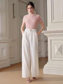 Anewsta Elegant Textured Pink Crew Neck Ruched Design Fitted Short Sleeve T-Shirt For Women - Pink - View 5