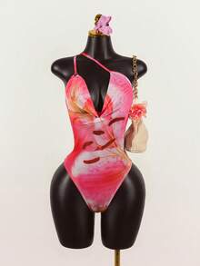 Celisse Women's Fashion Elegant Casual Vacation Style Lily Flower Print Mesh Pleated Draped Neck Sleeveless Adjustable Strap Bodysuit - Red - View 3