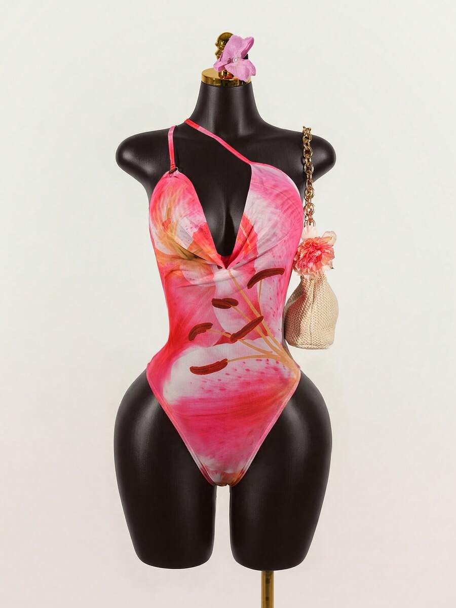 Celisse 女士时尚优雅休闲度假风百合花印花网纱褶皱垂褶领无袖可调节肩带连体衣 - 紅色 - 查看 1