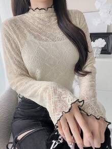 FRIFUL Kaos Wanita Lengan Panjang dengan Kerah Ruffle yang Elegan - Aprikot - View 2