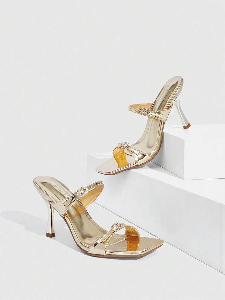 CUCCOO SZL Women Shoes Spring And Summer New Gold Square Toe Slender High Heel Rhinestone Buckle Women's High Heel Sandals Fashion Comfortable Versatile Sexy Party Women's Sandals Slippers Prom Heels