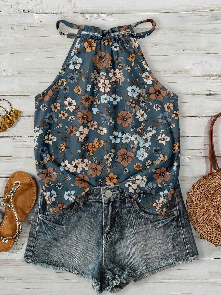 SHEIN LUNE Áo nữ không tay cổ yếm họa tiết hoa nhí, kiểu dáng thường ngày, thích hợp cho mùa xuân và mùa hè. - Nhiều màu - Xem 1