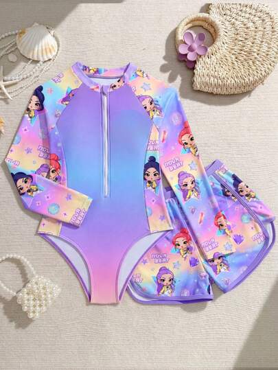 新款时尚女童泳衣套装，连体泳衣带短裤，前拉链，两件套泳装