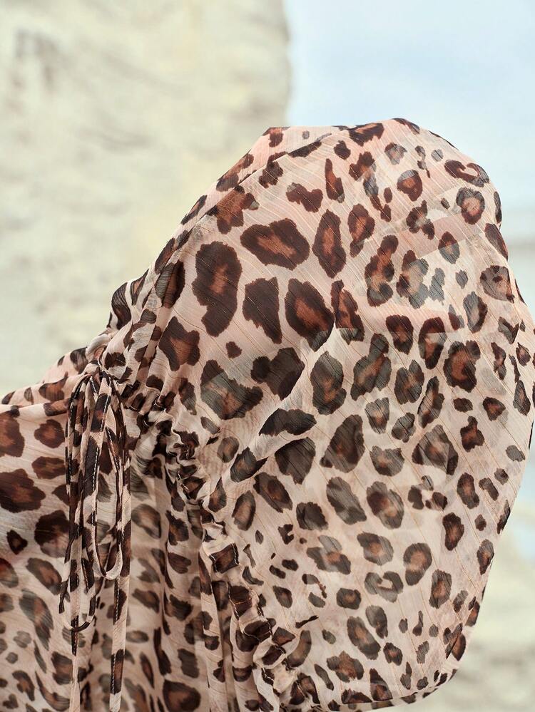 LEOPARD PRINT SEMI-SHEER V-NECK LOOSE PULLOVER TOP, SPRING/SUMMER/AUTUMN