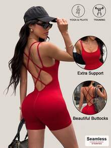 Dewbera Mono sin costuras, mono de mujer, mono, mono ajustado con espalda abierta para actividades deportivas - Rojo - Ver 1