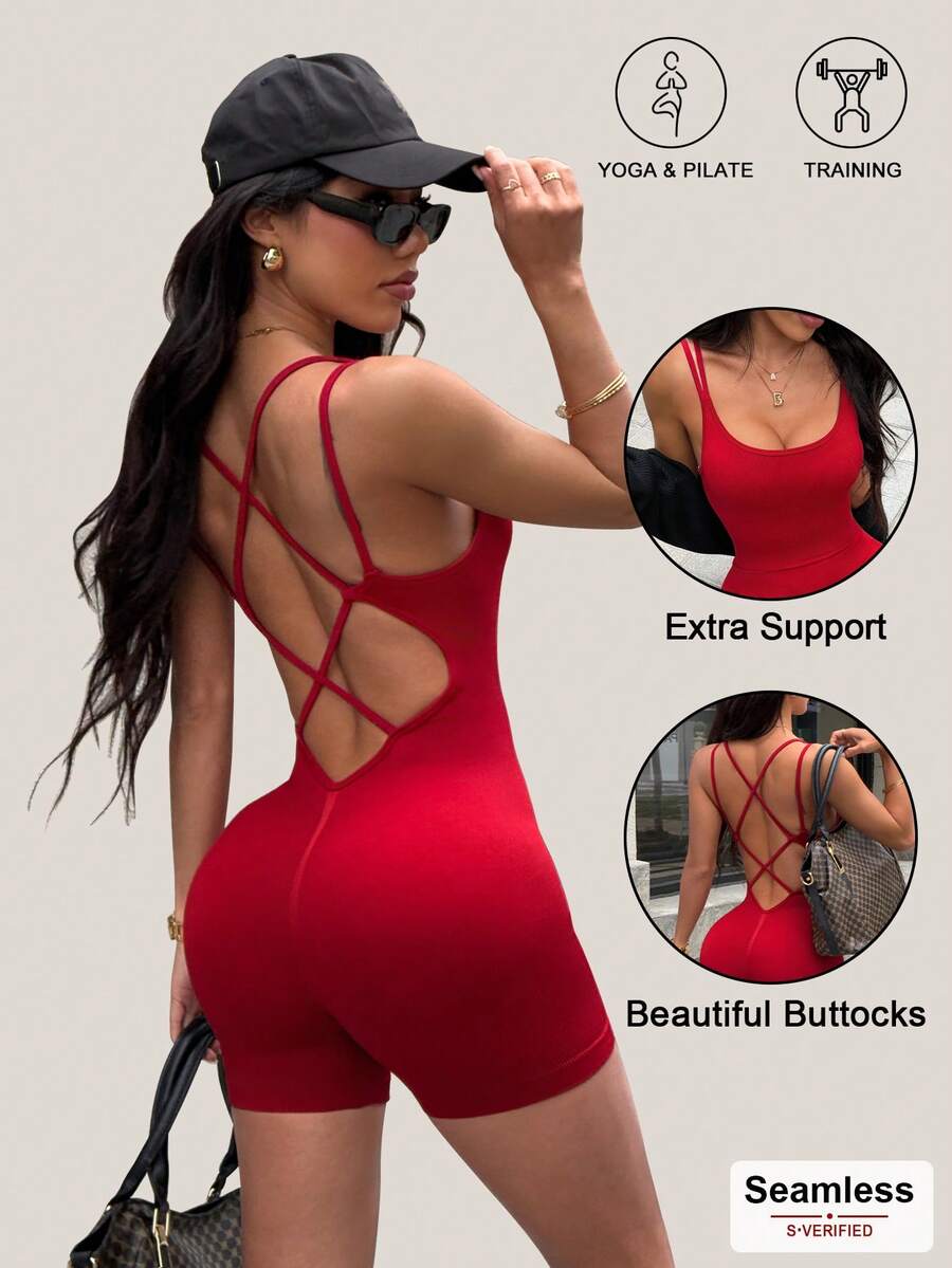 Dewbera Mono sin costuras, mono de mujer, mono, mono ajustado con espalda abierta para actividades deportivas - Rojo - Ver 1